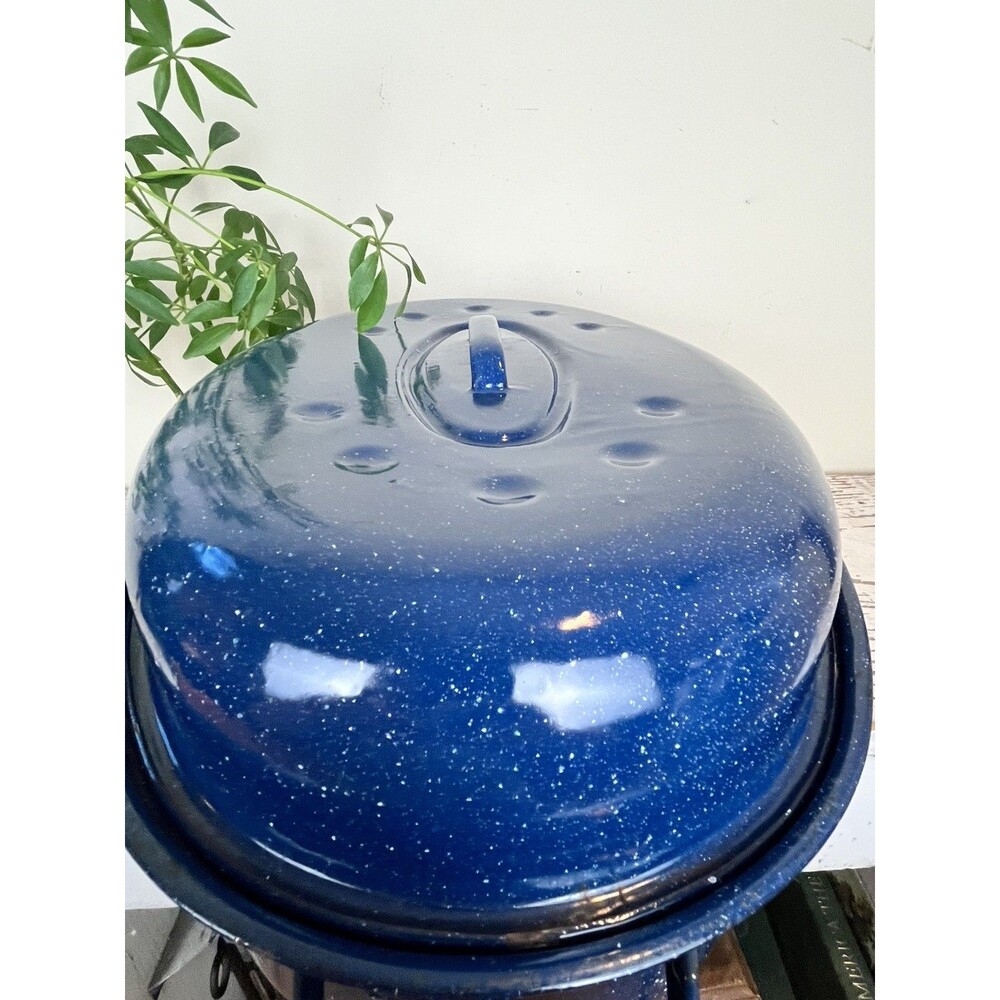 Enamelware Oval Roaster Large Cobalt Blue Speckled 16.5”x 12.5” Vintage USA